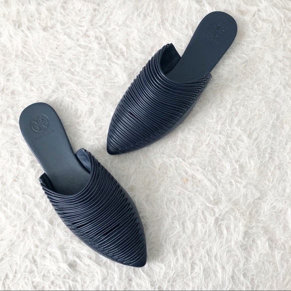 NEW Tory Burch Sienna Navy Blue Woven Pointed Toe Mules Flats Size 7.5 - Picture 2 of 9